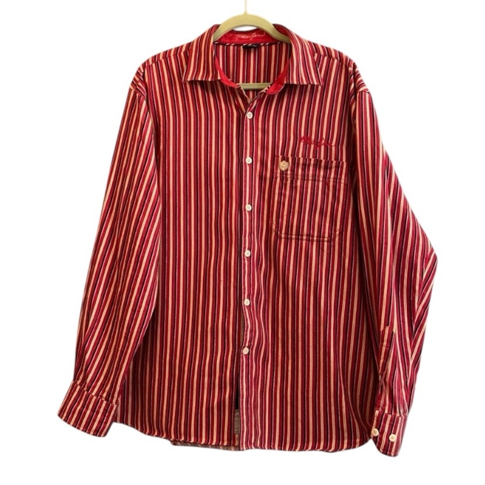 Phat Farm Button Down Shirt Vertical Stripped Red Black Gold Vintage Sz XL